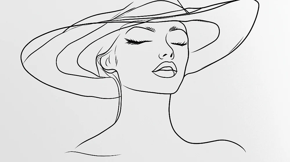 Mural Wallpaper feminine silhouette | Elegant line illustration of a woman with hat