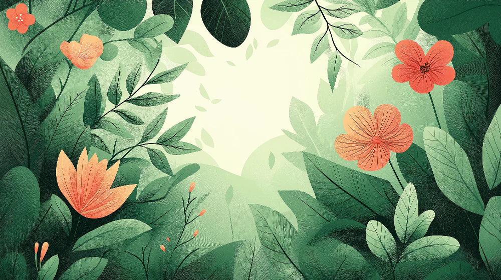 Mural Wallpaper green foliage | Large coral pink flowers