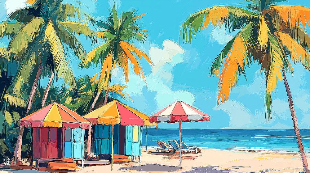 Close-up of tropical beach wallpaper design with artistic oil painting style in warm orange, yellow and blue tones for living room decor
