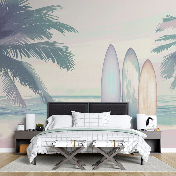 Surf Mural Wallpaper | Boards and Palm Trees Pastel Drawing