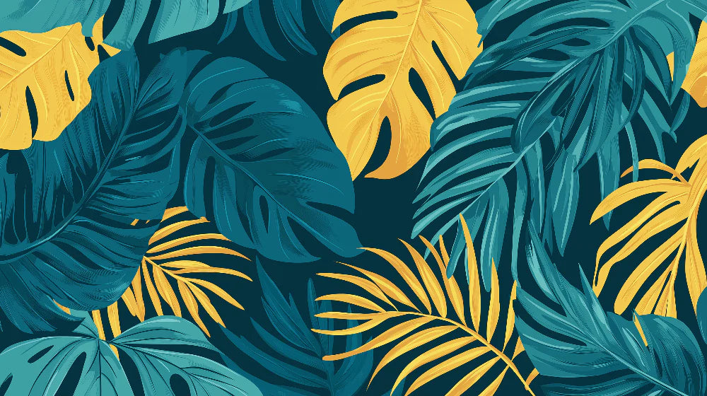 Mural Wallpaper yellow and blue foliage | Monstera and palm tree