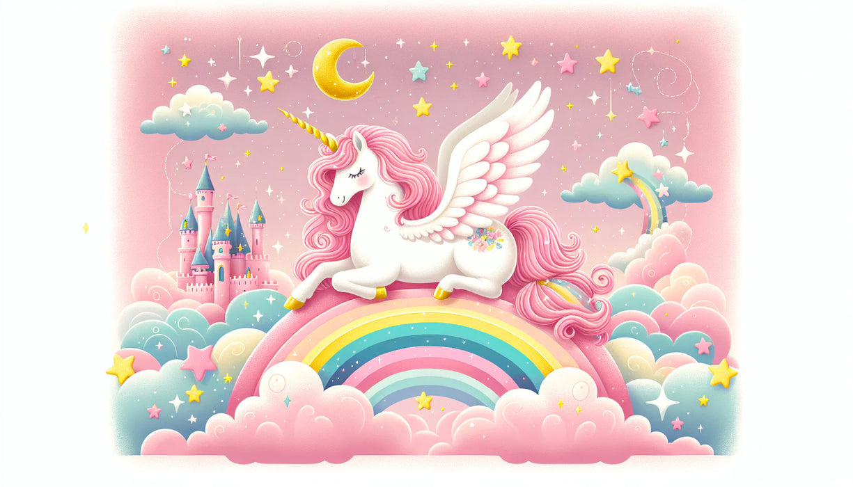 Rainbow Mural Wallpaper | Unicorn, Stars, and Castle on a Pink Background