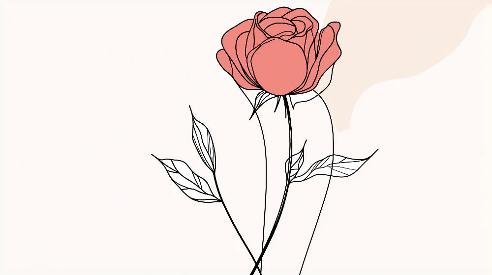 Coral Pink Mural Wallpaper | Elegant Stylized Rose and Fine Lines