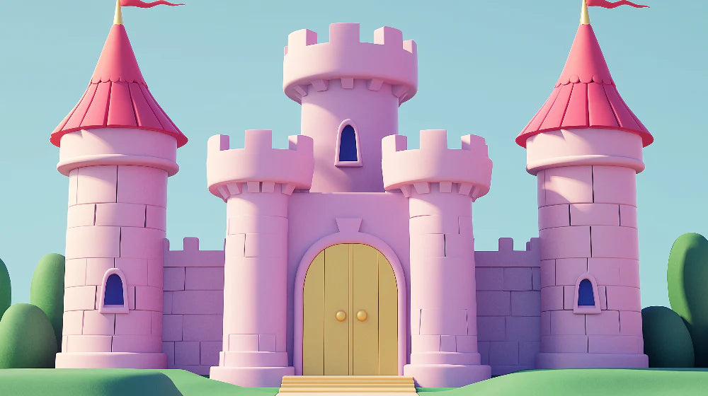 Mural Wallpaper toy castle | Pink castle in cartoon style with towers and flags