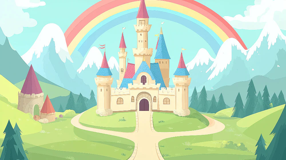 Mural Wallpaper fairy tale castle | An enchanting landscape with a colorful castle and a rainbow
