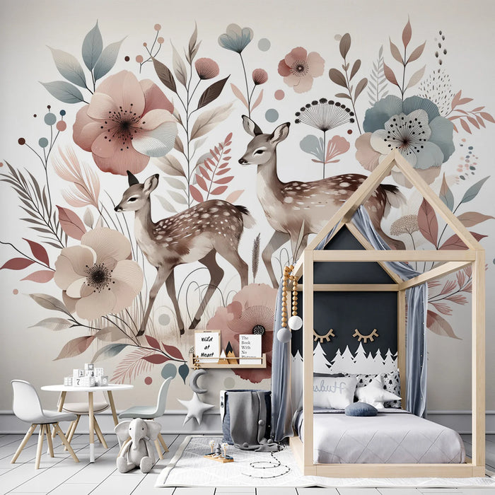 Deer Mural Wallpaper | Red and Blue Floral Décor