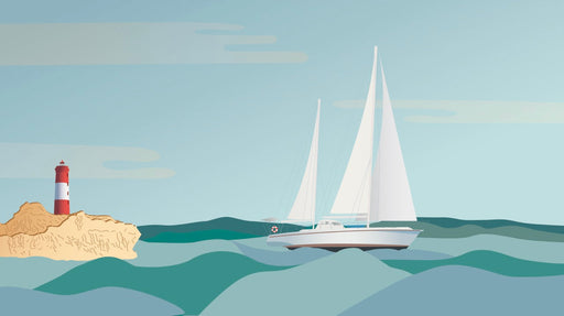 Nautical wallpaper featuring sailboat and lighthouse on blue ocean