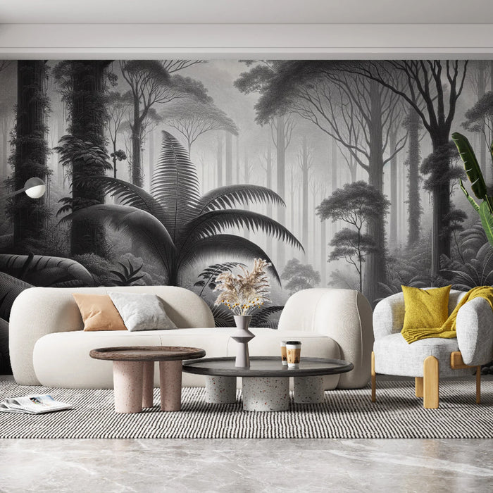 Jungle Mural Wallpaper | Black and White Tropical Forest with Ferns and Ancient Trees