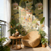 Panoramic view of retro Jaipur garden mural wallpaper with vintage South Seas botanical motifs for bedroom decor
