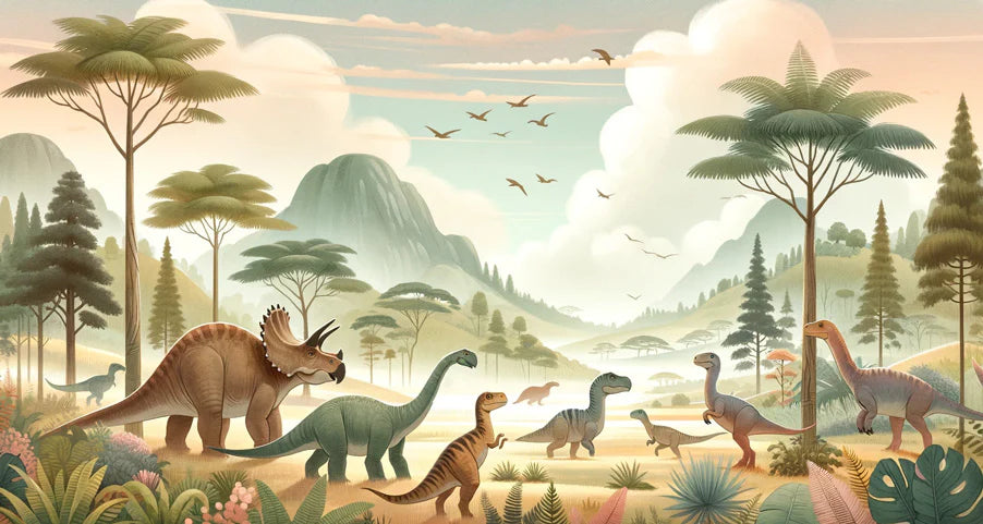 Dinosaur Mural Wallpaper | Soft Toned Prehistoric Landscape