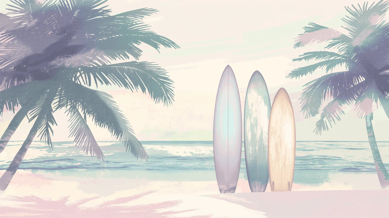 Surf Mural Wallpaper | Boards and Palm Trees Pastel Drawing