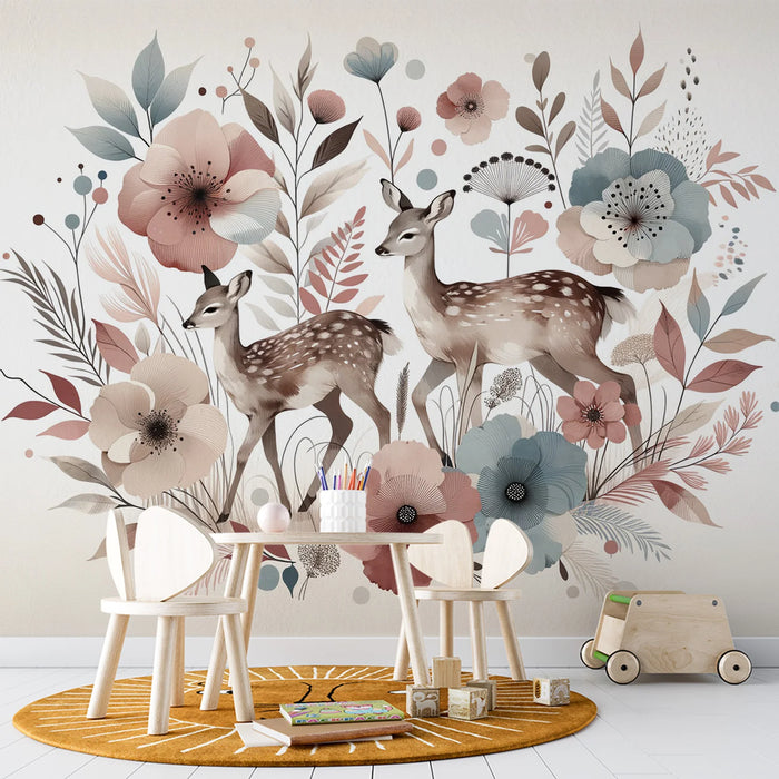 Deer Mural Wallpaper | Red and Blue Floral Décor