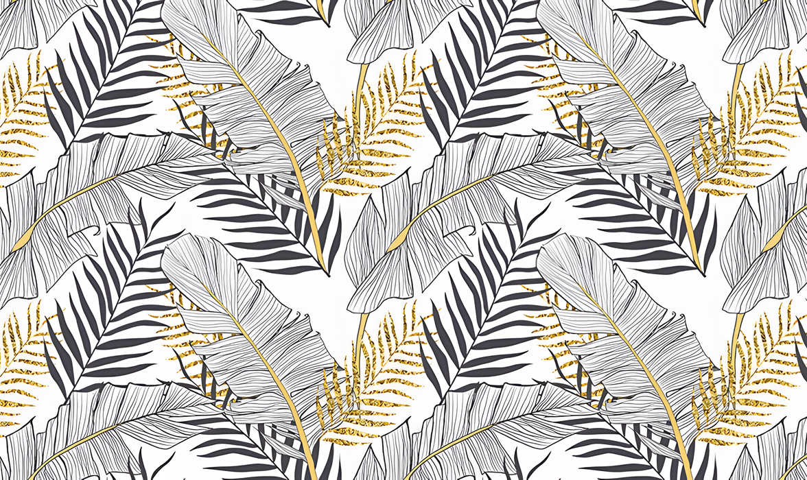 Panoramic view of tropical jungle mural wallpaper featuring elegant line drawing palm and banana leaves with golden details
