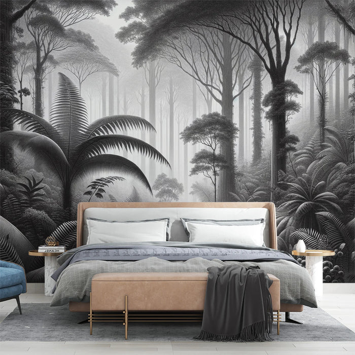 Jungle Mural Wallpaper | Black and White Tropical Forest with Ferns and Ancient Trees