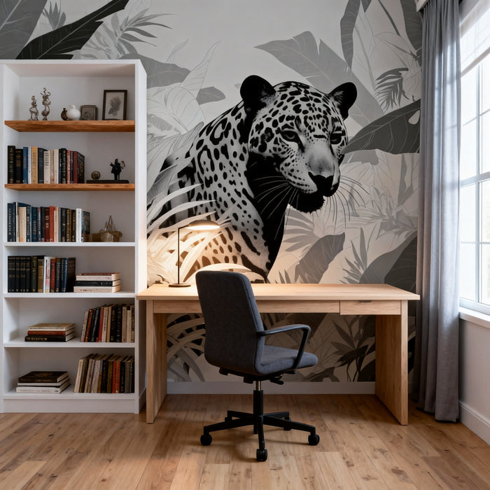 Black and White Jungle Mural Wallpaper | Monstera and Leopard