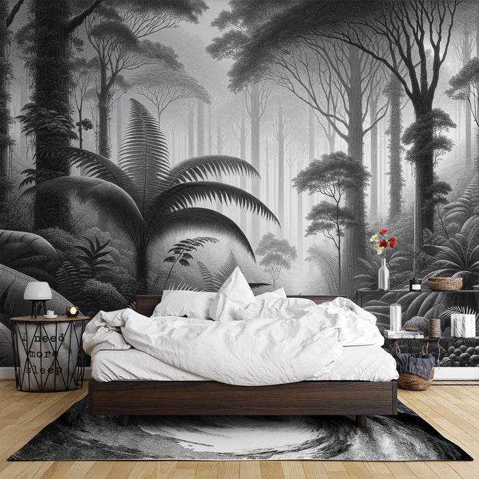 Jungle Mural Wallpaper | Black and White Tropical Forest with Ferns and Ancient Trees