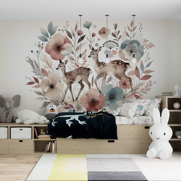 Deer Mural Wallpaper | Red and Blue Floral Décor