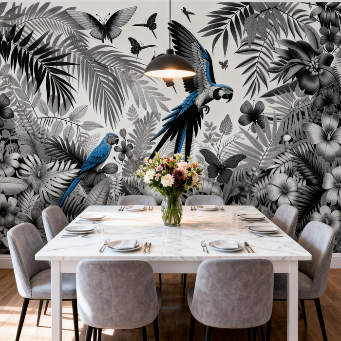 Parrot Mural Wallpaper | Black and White Jungle with a Touch of Blue