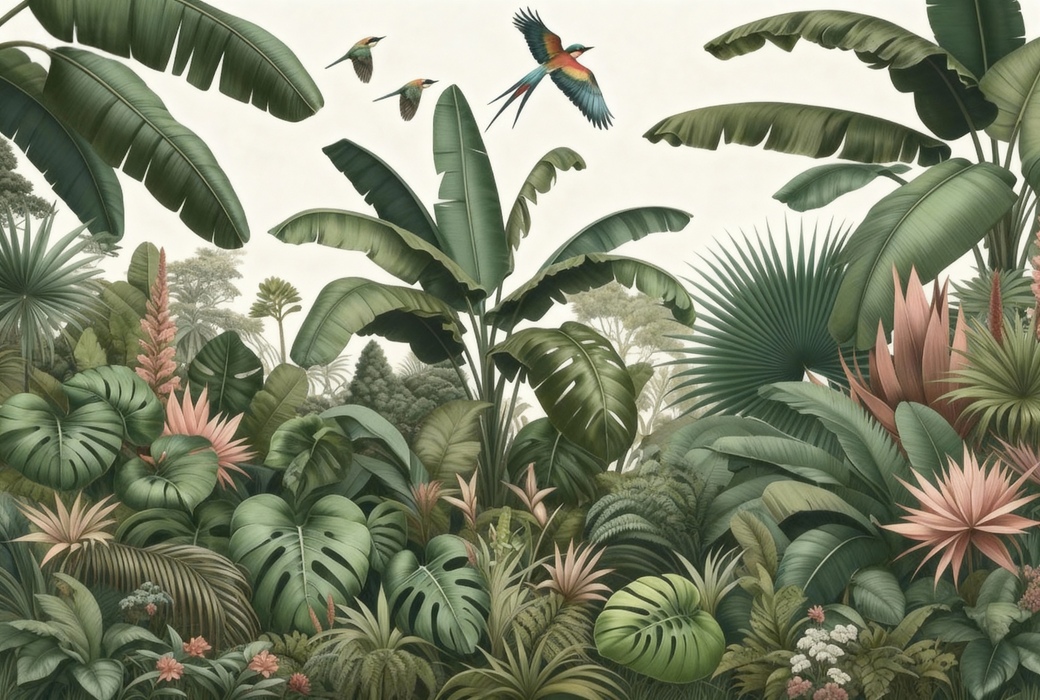 Tropical Jungle Mural Wallpaper | Green Banana Trees and Birds
