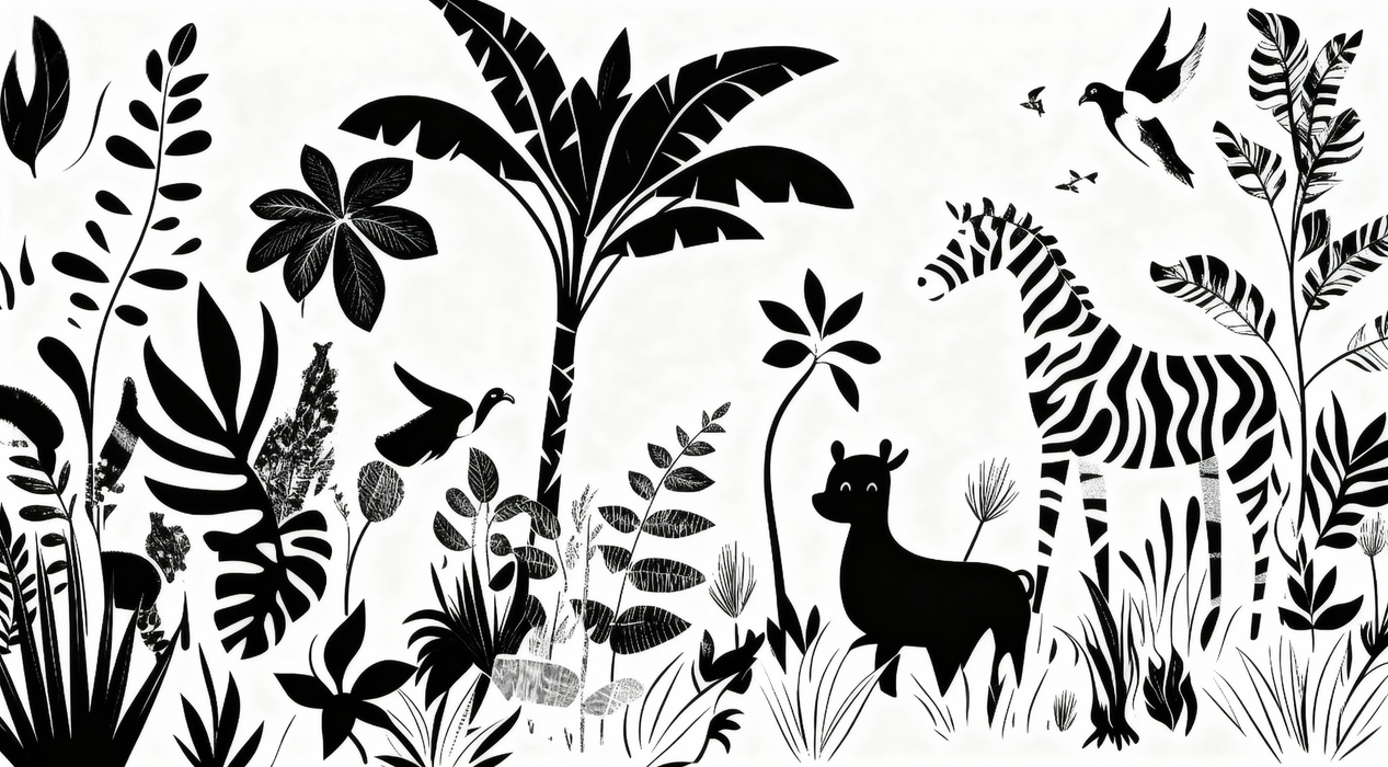 Mural Wallpaper jungle black and white | Graphic design with animal motifs