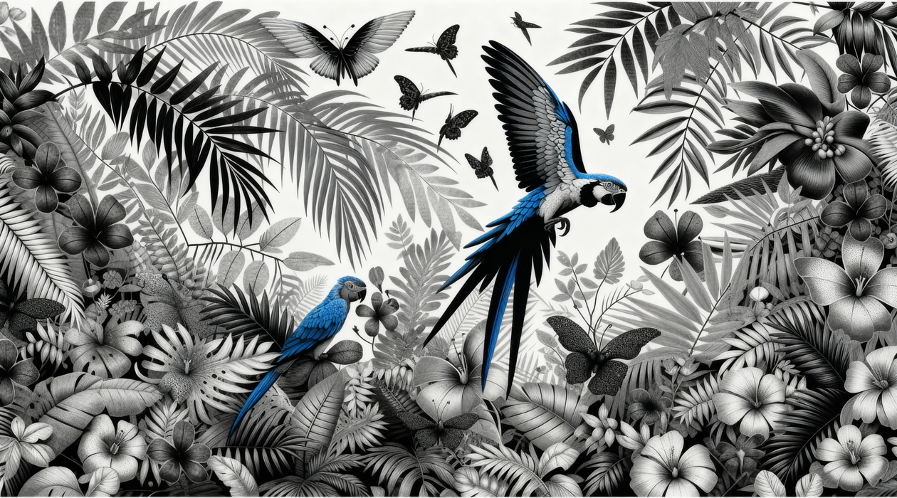 Parrot Mural Wallpaper | Black and White Jungle with a Touch of Blue