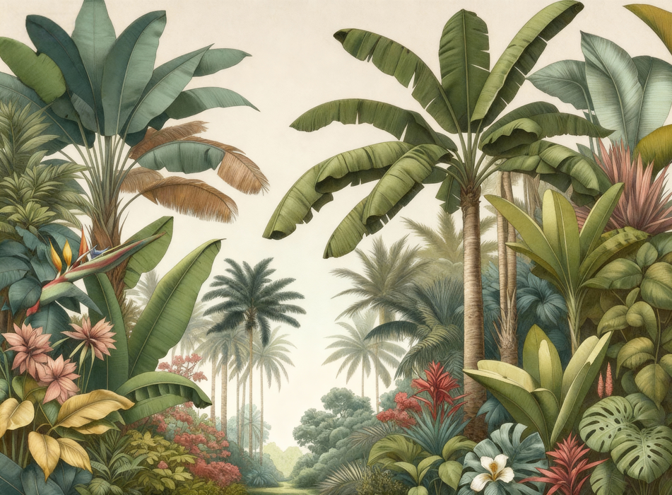 Tropical Jungle Mural Wallpaper | Beige Background with Palm Trees and Banana Trees