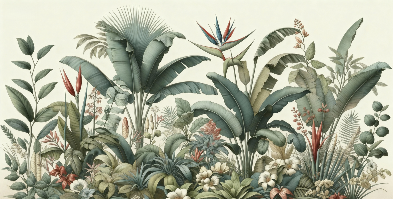 Tropical Jungle Mural Wallpaper | Green and Blue Floral Composition