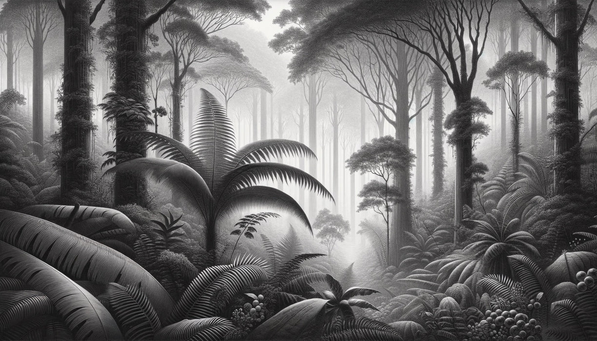 Jungle Mural Wallpaper | Black and White Tropical Forest with Ferns and Ancient Trees