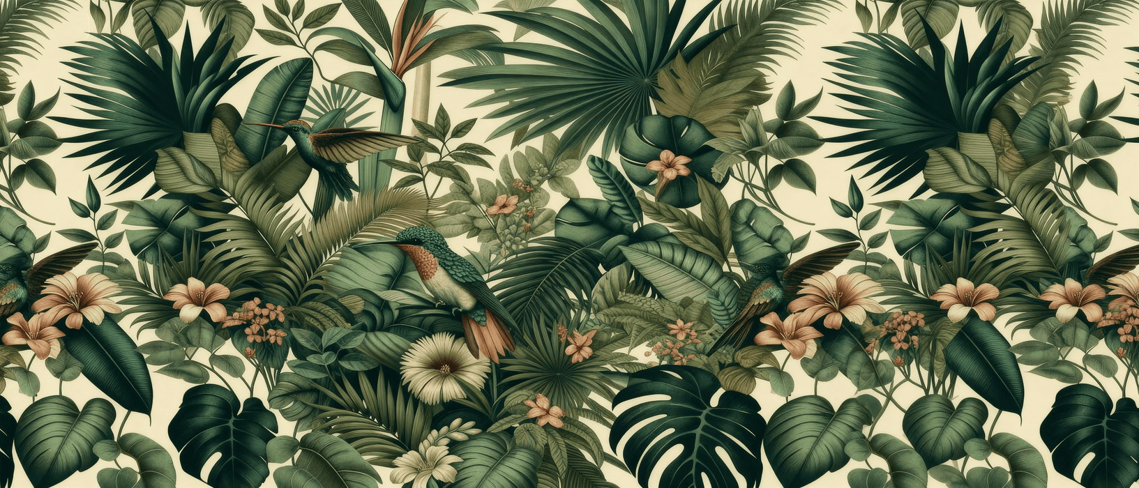 Tropical Jungle Mural Wallpaper | Lush Foliage and Hummingbirds