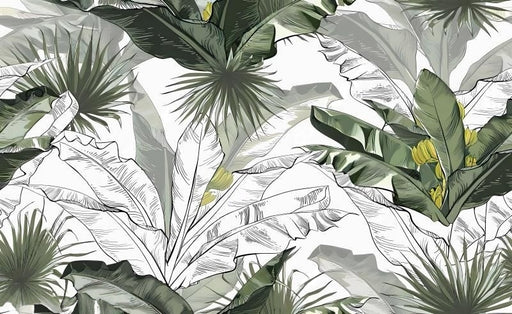 Panoramic view of tropical botanical wallpaper with mixed media palm fronds and banana leaves in green and white
