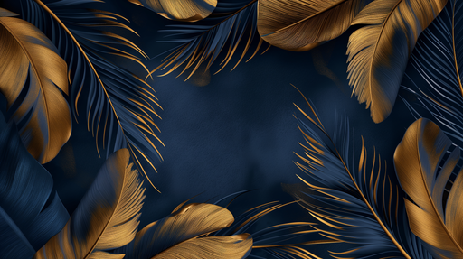 Close-up of sophisticated feather wallpaper design with blue plumes and golden highlights for elegant bedroom decor
