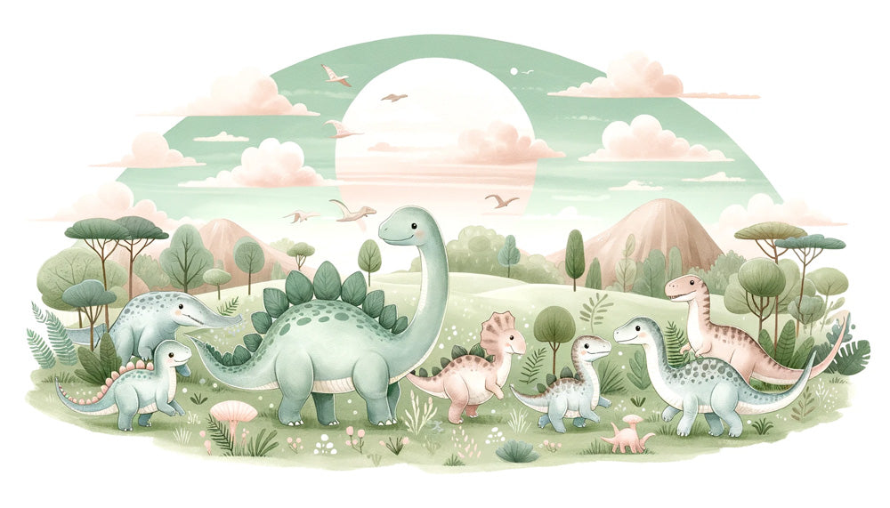 Close-up of adorable baby dinosaur wallpaper design with soft green colors and playful prehistoric characters for kids room
