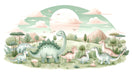 Close-up of adorable baby dinosaur wallpaper design with soft green colors and playful prehistoric characters for kids room
