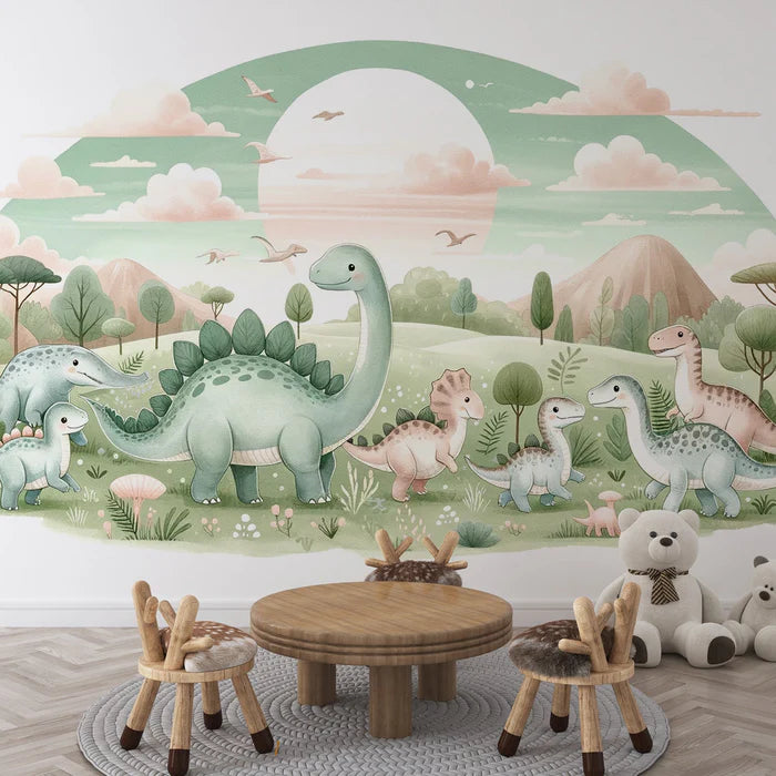 Baby dinosaur mural wallpaper featuring cute green dinosaurs in a whimsical natural landscape for nursery decoration

