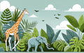 Close-up of safari animal wallpaper design with playful giraffe and elephant illustrations in lush green jungle setting for nursery
