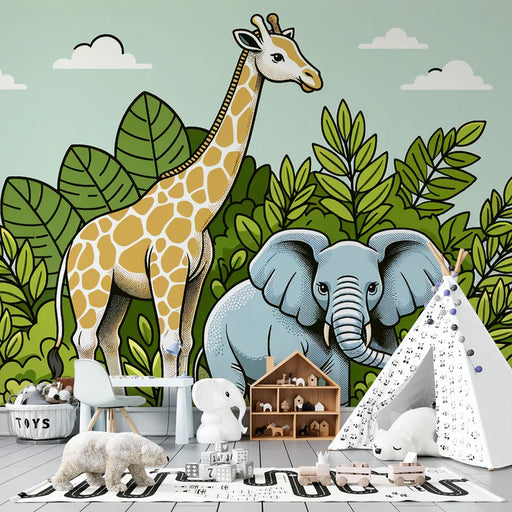 Baby jungle mural wallpaper with cute elephants and giraffes nestled among tropical leaves and foliage for nursery decoration
