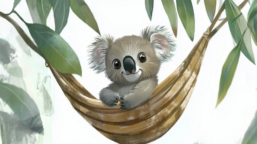 Close-up detail of koala wallpaper design featuring playful illustration with natural green foliage for kids room decoration
