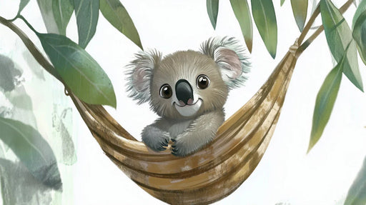 Close-up detail of koala wallpaper design featuring playful illustration with natural green foliage for kids room decoration
