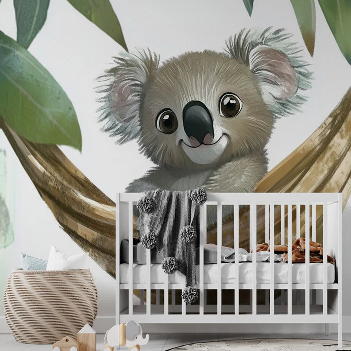 Cute koala mural wallpaper showing an adorable koala relaxing in a hammock surrounded by green tropical leaves
