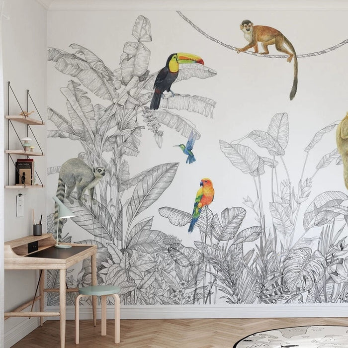 Tropical jungle mural wallpaper in grayscale featuring palm leaves, banana foliage and exotic birds with color accents
