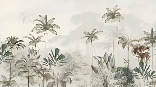 Panoramic view of tropical jungle wallpaper showing layered botanical forest design in gentle green tones

