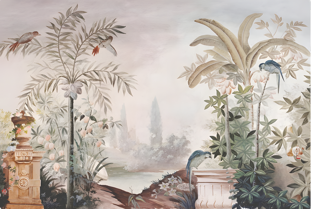Panoramic view of classical garden botanical wallpaper featuring graceful palm fronds and birds
