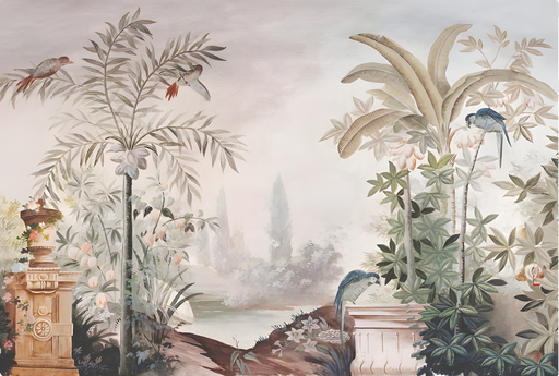 Panoramic view of classical garden botanical wallpaper featuring graceful palm fronds and birds
