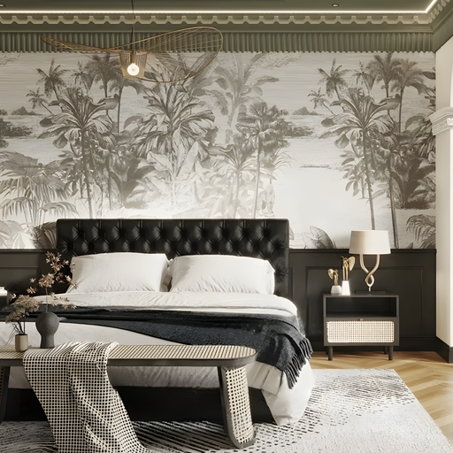 Monochrome tropical jungle mural wallpaper featuring palm trees, banana leaves and exotic foliage in gray tones
