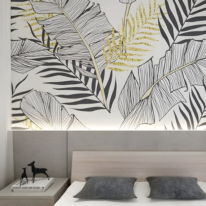 Modern nursery interior with tropical line art wallpaper showing black white botanical pattern and gold fern accents
