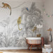 Close-up detail of grayscale tropical mural wallpaper showing palm fronds and exotic birds in modern artistic style
