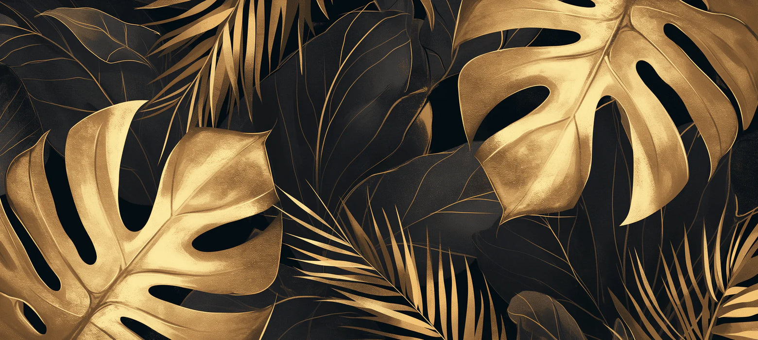 Black and Gold Mural Wallpaper | Monstera Banana and Palm Tree