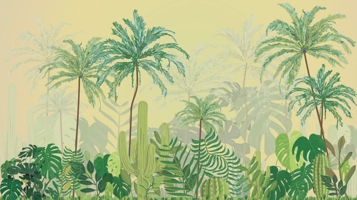 Papier peint tropical | Jungle luxuriante de palmiers et feuillage vert sur fond pastel