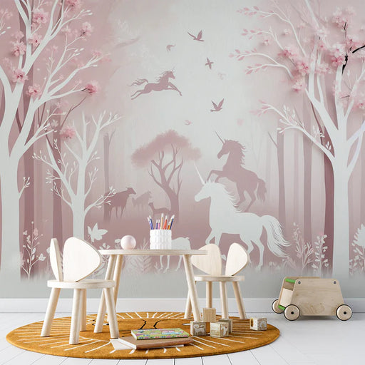 Unicorn mural wallpaper featuring magical unicorn silhouettes in a dreamy pink forest with whimsical trees and enchanting atmosphere
