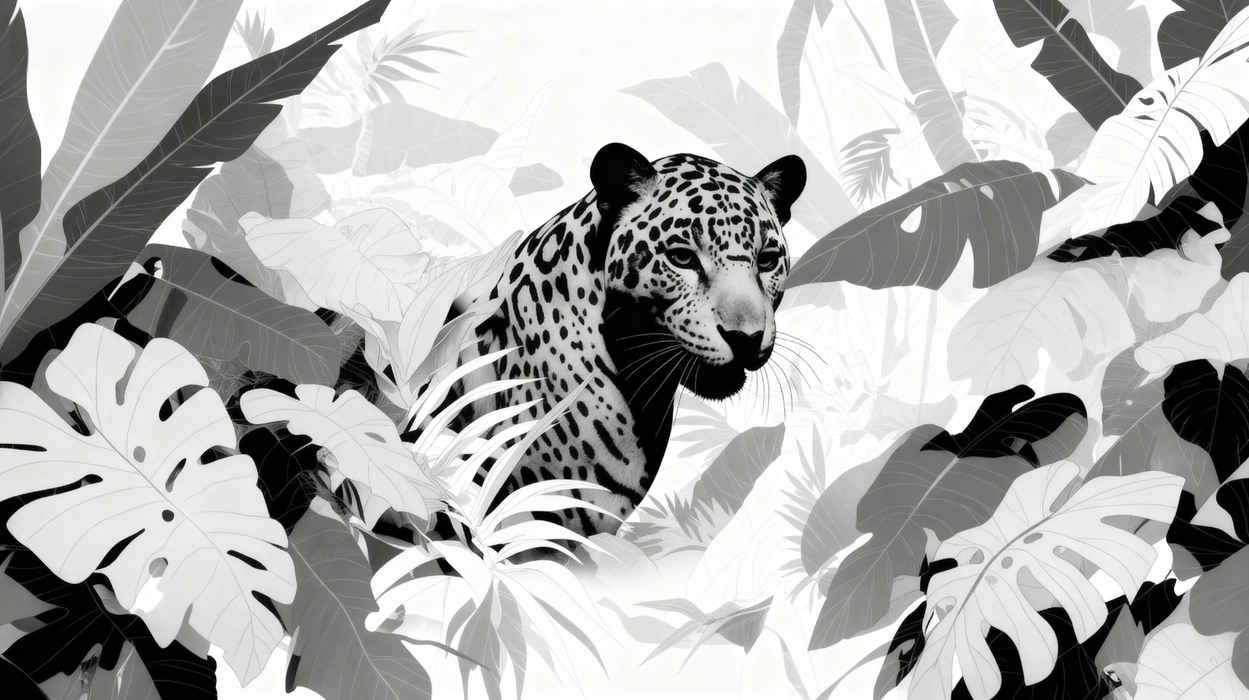 Black and White Jungle Mural Wallpaper | Monstera and Leopard